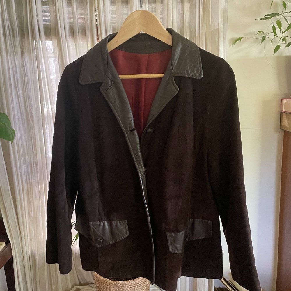 women's vintage suede jacket with leather collar + 3/4 sleeve